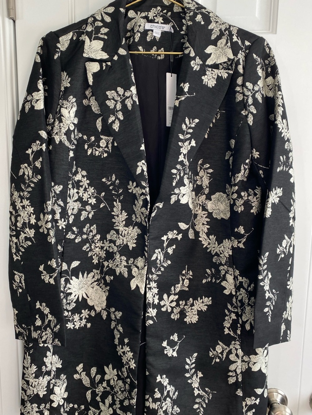 Chico's Black Coat with Cream Floral Jacquard